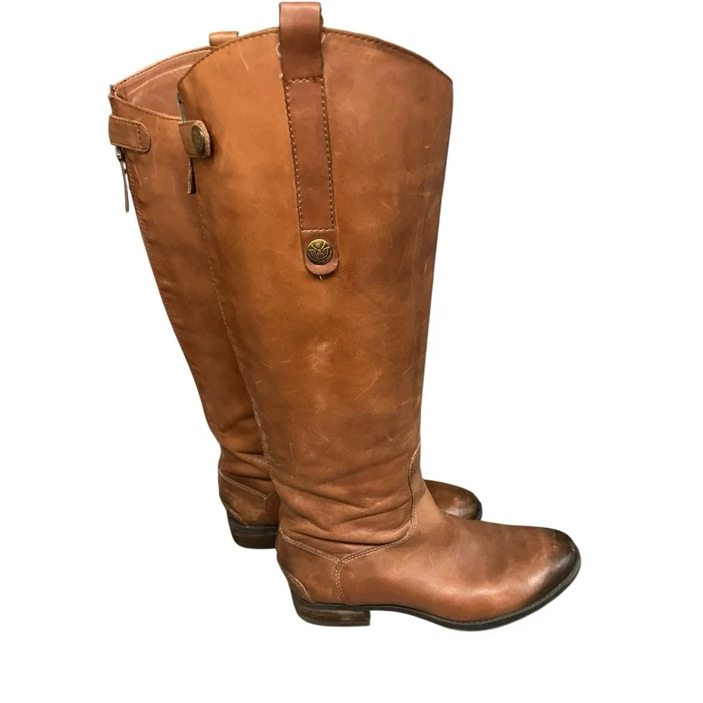 SAM EDELMAN WOMEN'S BROWN LEATHER BACK ZIP KNEE HIGH PENNY RIDING BOOTS SIZE 6.5